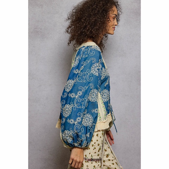 POL OVERSIZED BALLOON SLEEVE WOVEN BLUE RUFFLE TOP! - Picture 4 of 6